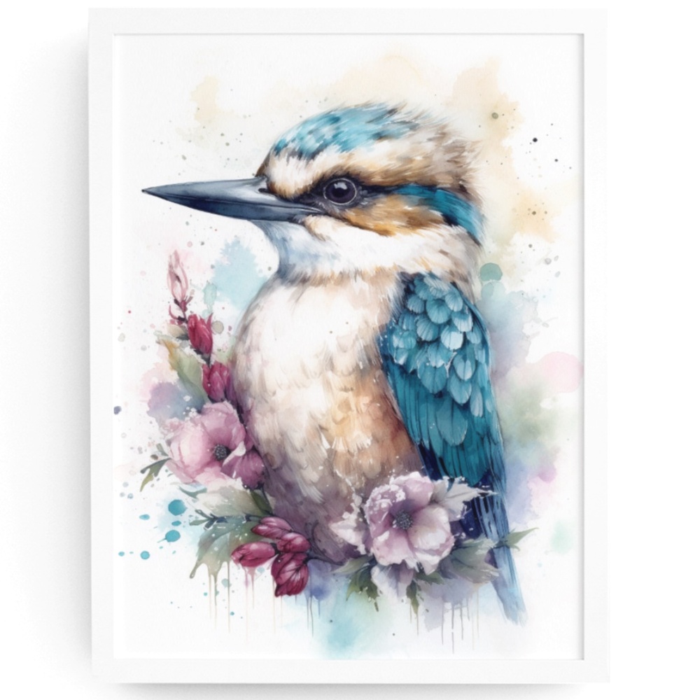 Watercolor Kookaburra Bird Portrait Wall Art Illustration Print Unframed